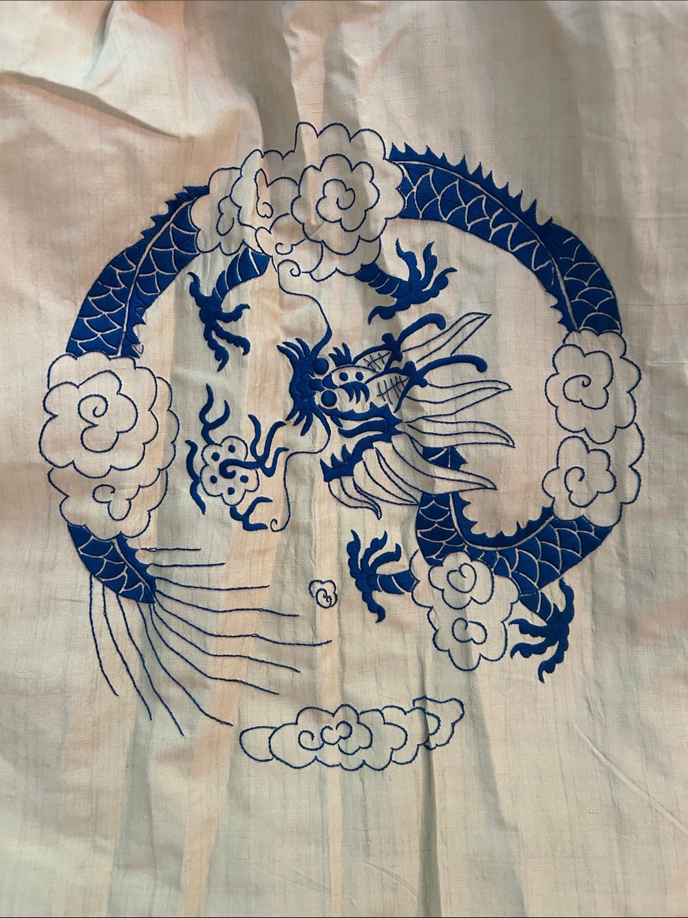 Vintage Embroidered Cream Kimono Robe with Blue Dragon Motif
